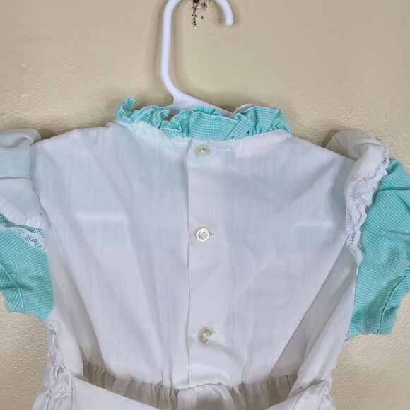 Polly Finders vintage smocked floral apron dress with ruffle shoulders size 3t - Picture 6 of 7